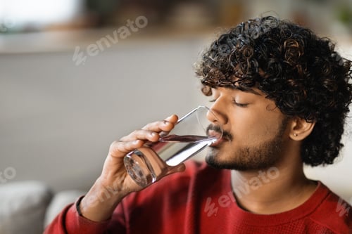 Preview: Young Handsome Indian Guy Drinking Water From Glass At Home