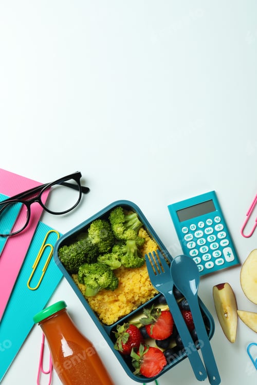 Preview: Study concept with lunch box on white background