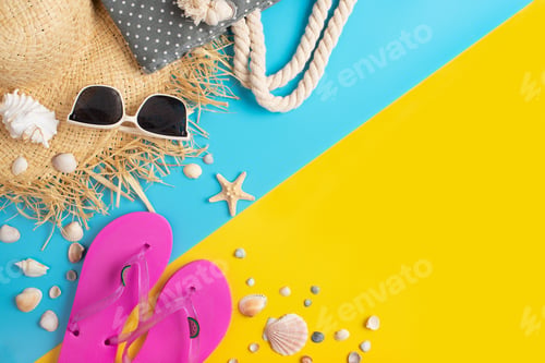 Preview: Straw hat sunglesses flip flops and shells on yellow and blue background vacation planning mockup