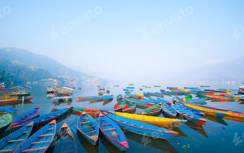 Preview: Colorful wooden boat at Fewa lake, Pokhara, Nepal.