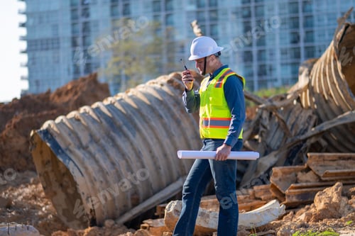 Preview: Engineer worker operations construction plans large black drainage pipe