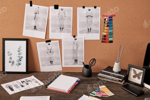 Preview: Photos on board in front of picture in frame, color palette and other supplies