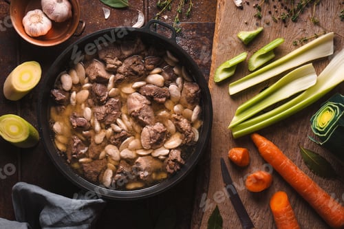 Preview: Preparation of cassoulet with pork and lamb and vegetables closeup