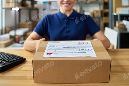 Preview: Caucasian Young Adult Woman Smiling While Delivering Parcel Package Indoors