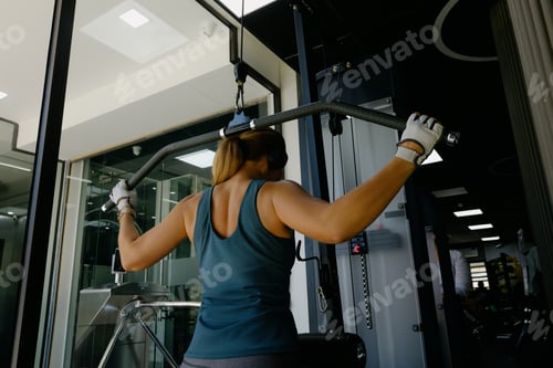 Preview: Young caucasian female doing lat pulldown exercise in modern gym