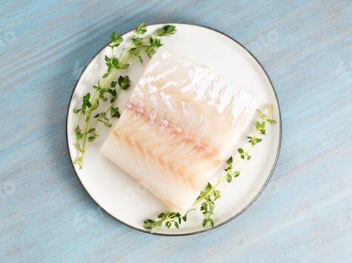Preview: piece of raw cod fish fillet on plate on blue wooden table, top view