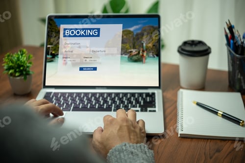Preview: Online booking platform on a laptop computer by a person