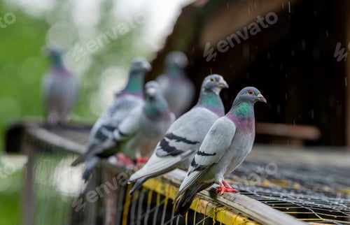 Preview: two pigeones sitting on a fence while rain falls down