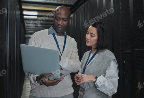 Preview: Coding, black man and woman with laptop, server room and cloud computing for data analytics, system