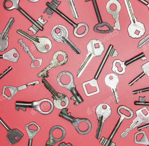 Preview: Keys set on pink background. Door lock keys and safes for proper