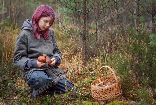 Preview: Young girl mushroom picking in autumn forest