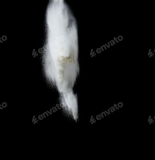 Preview: Cloud of white wheat flour on a black background, particles fly in different directions