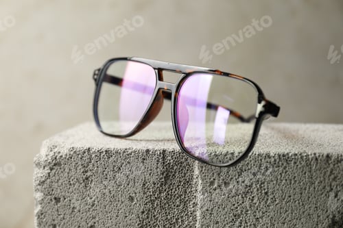 Preview: Stylish glasses on stone surface against light grey background, closeup