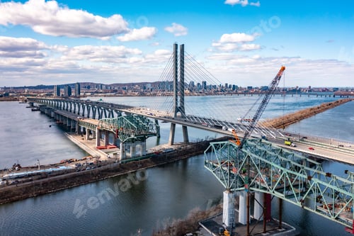 Preview: High angle shot of Champlain Bridge being deconstructed. Brossard, Canada.