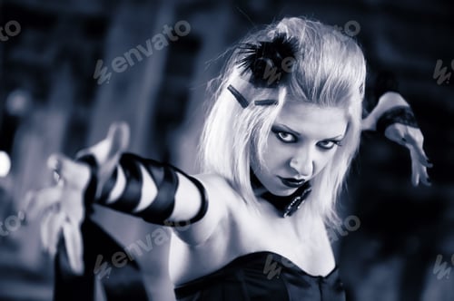 Preview: Gothic Witch Woman With Spooky Make-Up In Black Dress