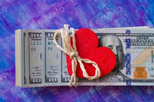 Preview: paper money 100 dollars stacked in line tied up natural wooden rope heart on wood lilac background