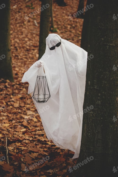 Preview: Funny ghost with black glasses peeking out of a tree in moody autumn forest