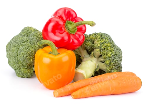 Preview: Fresh vegetables: brocolli, bell peppers, carrot, onion isolated on white background