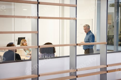 Preview: Mature businessman making presentation on office whiteboard