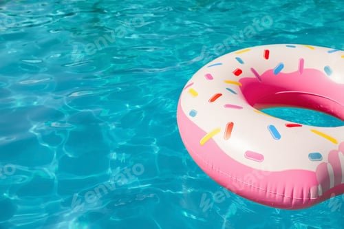 Preview: Inflatable ring floating in swimming pool on sunny day. Space for text