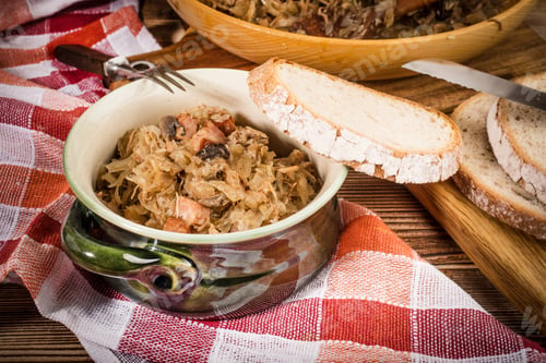 Preview: Bigos - stewed cabbage with meat,dried mushrooms and smoked sausage.