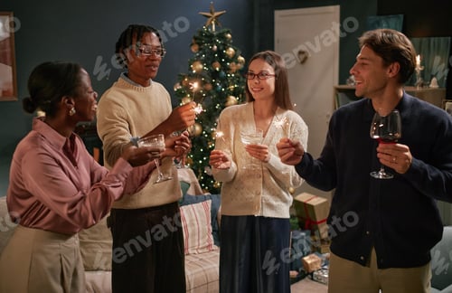 Preview: Group of Young Adult Multiethnic Friends Toasting Drinks at Holiday Party