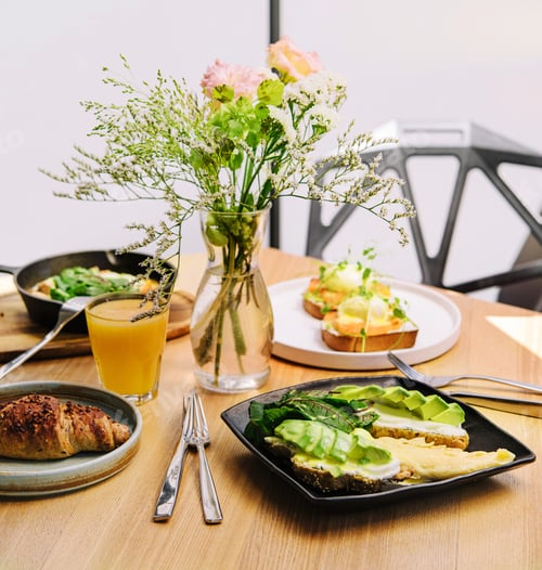 Preview: breakfast benedict, omelette with avocado bruschetta, and croissant