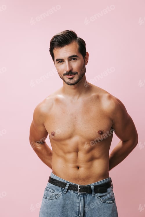 Preview: Body man naked torso jeans sexy sport belt muscular holiday muscle lifestyle pink background fitness