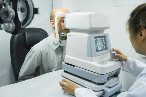 Preview: Man examining eyesight in optical clinic.