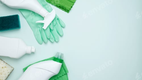 Preview: Concept of cleanliness and hygiene. Cleaning supplies and tools, including bottles, gloves