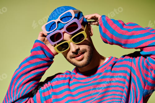 Preview: Fashion-forward young man embraces vibrant style in studio with green backdrop