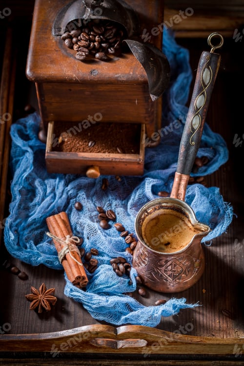 Preview: Fresh coffee with pot boiled coffee and beans