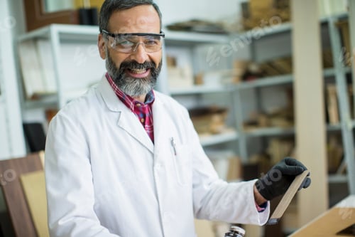 Preview: Handsome mature engineer in the laboratory examines ceramic tiles