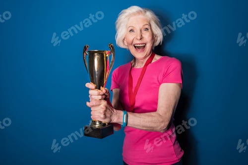 Preview: Excited senior woman in sportswear holding trophy isolated on blue