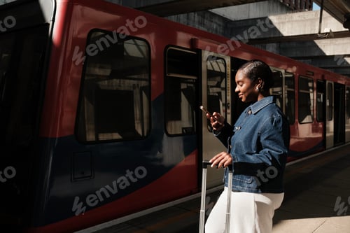 Preview: Businesswoman using smartphone while waiting for train at station