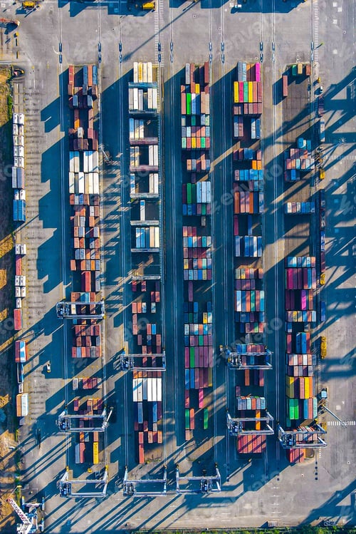 Preview: Vertical top view of ISO-containers for cargo on a ship in Kochi, the coastal line of Kerala, India
