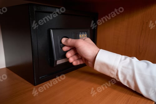 Preview: Man in shirt opening safety box with hand