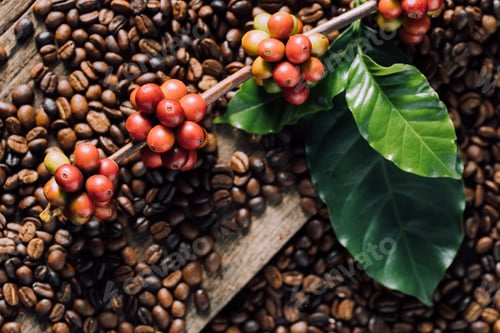 Preview: Coffee beans on coffee green leaves on wooden background, Fresh coffee beans on wooden background