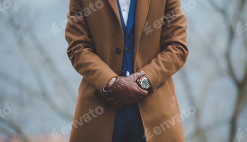 Preview: Selective focus of an elegant man wearing a classic brown coat with leather gloves