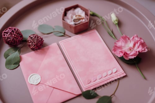 Preview: wedding invitation in a gray envelope on a table with green sprigs