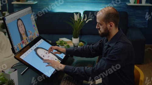 Preview: Media artist working on touch screen monitor to edit pictures