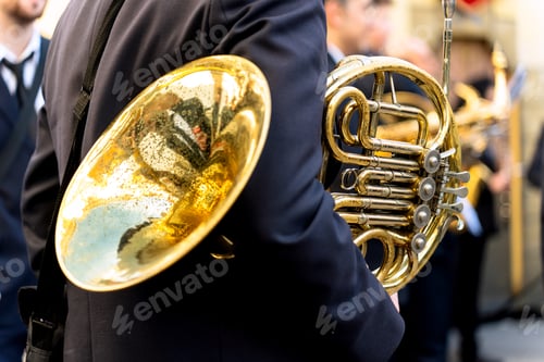 Preview: Band musicians with their instruments on the street. Typical music bands in Spain.