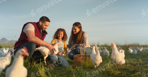Preview: Chicken, farm and family love of happy mom, dad and child enjoy quality time together, talking and