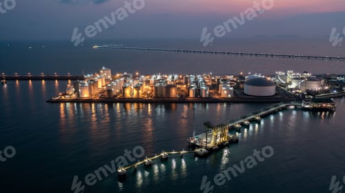 Preview: Aerial view chemical storage tank on sea at oil terminal station at night.
