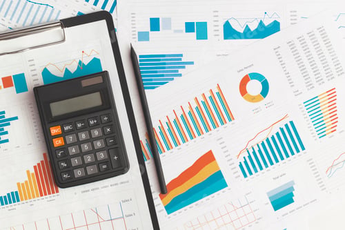 Preview: Business graphs, charts and calculator on table. Financial development