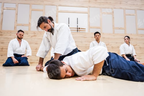 Preview: Sensei teaching aikido martial arts to student lying on dojo floor