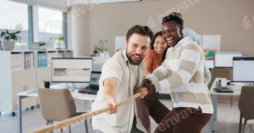Preview: Business people, teamwork and challenge with rope in office, physical strength and competition with