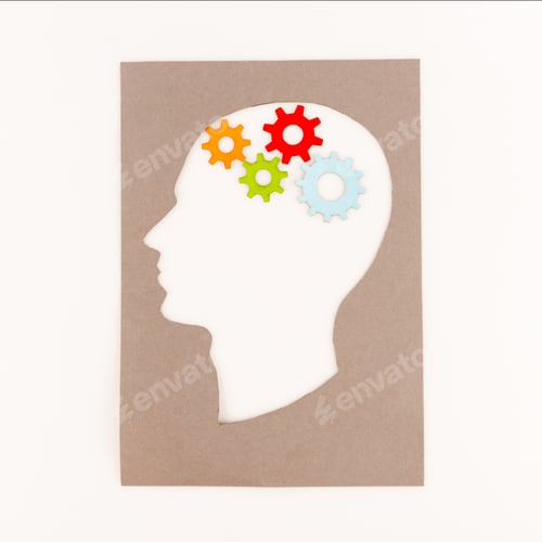 Preview: top view of human head silhouette with gears isolated on white