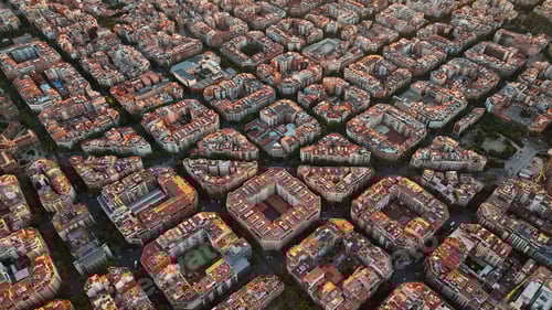 Preview: Aerial view of typical buildings of Barcelona cityscape. Eixample residential famous urban grid