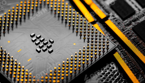 Preview: Close up of RAM Memory and pins on Main CPU PC processor circuit